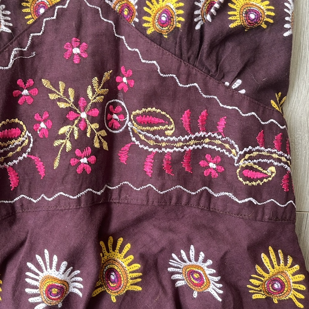Y2K V Neck Embroidered Sundress chocolate brown, pink, yellow, and orange - Picture 3 of 5